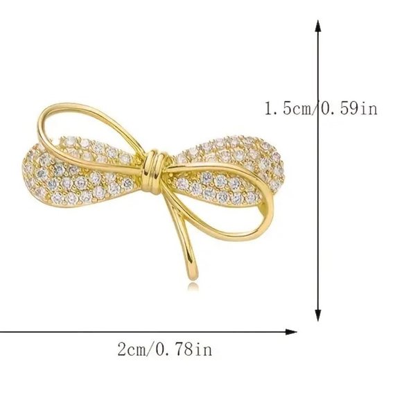 Bowknot Rhinestone Brooch Pin Lapel Gold Bow Sparkle Glam Simple Mimimalist GIFT - Picture 3 of 3